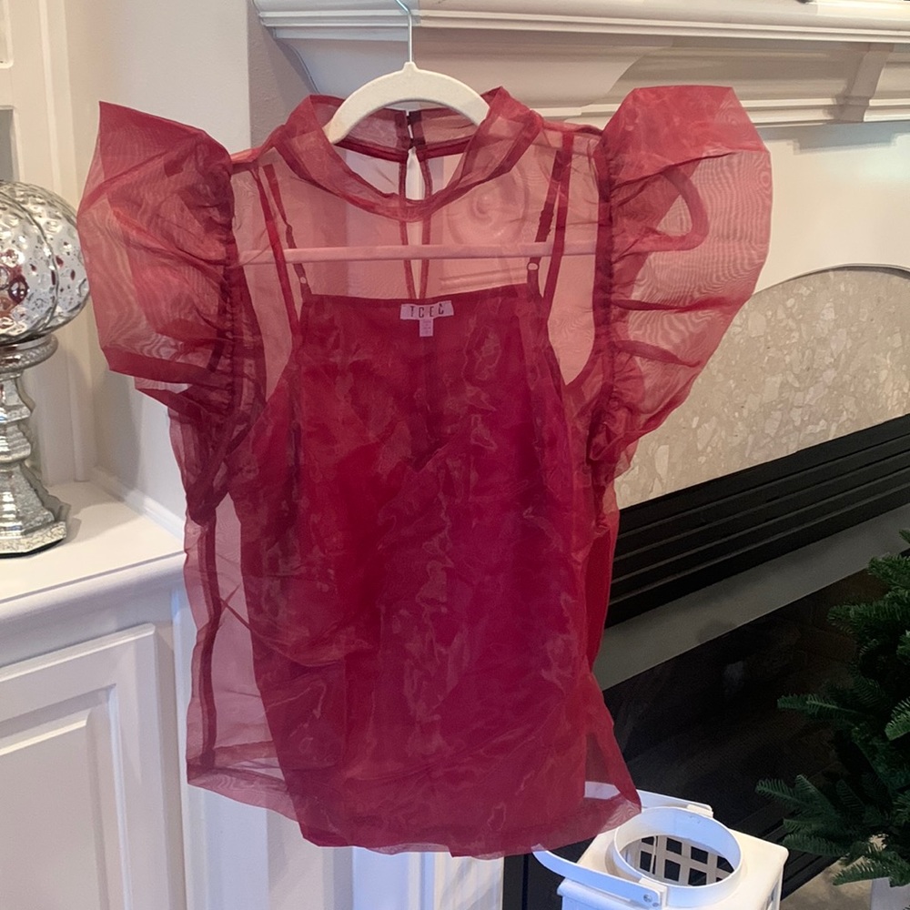 NWOT TCEC Burgundy Organza Top